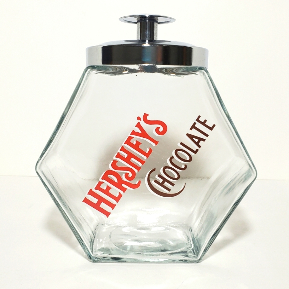 Vintage Hershey's Chocolate Libbey Canada Glass Candy Cookie Jar w/ Chrome Lid